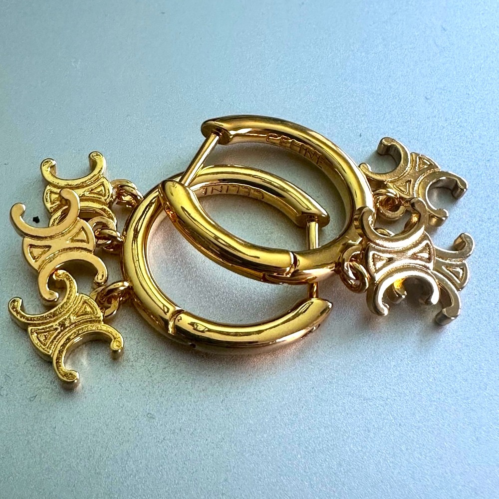 Auth CELINE Triomphe Hoop Dangle Charm Earrings - Pre-Owned - Excellent - Picture 3 of 5